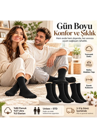 Teorastore Unisex Siyah Soket Çorap 3'lü Set Düz Basic Ribanalı Günlük Spor Esnek Rahat Uzun Çorap Konforlu Set