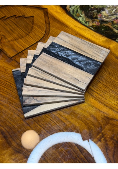 Ceviz & Siyah River Epoksi Bardak Altlığı Seti 6 Lı, El Yapımı Ceviz Ahşap, 12x12 Cm, Modern & Şık Tasarım Siyah