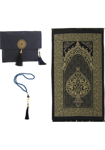 Şantuk Keseli Tafta Seccade Ve İnci Vavlı Tesbih Set , Taşınabilir Namaz Seti Lacivert