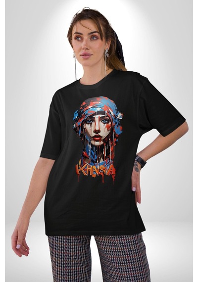 Khansa Eşarp Kadın Tasarımı Pamuklu Bisiklet Yaka Unisex Oversize Boyfriend Dijital Baskılı Siyah T-shirt Siyah