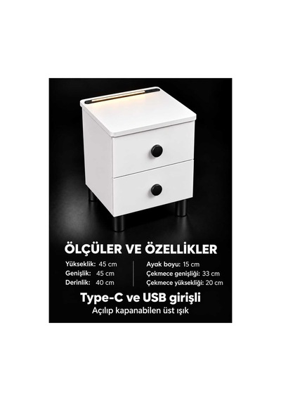 Modern Çekmeceli Komodin, Type-c Ve Usb Girişli, Led Işıklı Başucu, Yatak Odası, Koltuk Yanı Sehpası Siyah - 931981058 Siyah