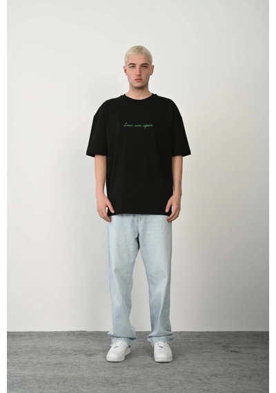 Erkek Baskılı T-shirt Kısa Kol Bisiklet Yaka Rahat Kalıp Tişört - Siyah Siyah