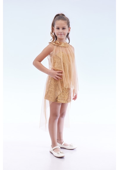 Ahengim Kız Çocuk Pullu Pelerinli Trend Abiye Elbise Ak2244 Gold Altın
