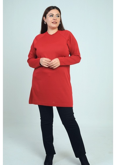 Kadın Büyük Beden Soğuk İplik Triko Tunik Bluz Kırmızı