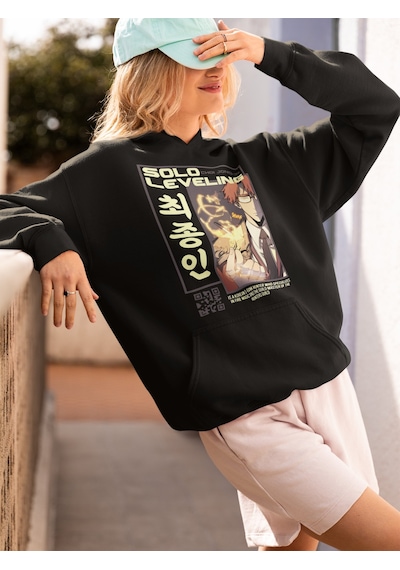 Sevbano Solo Leveling Choi Jong-ın Baskılı Unisex Oversize Anime Hoodie Siyah