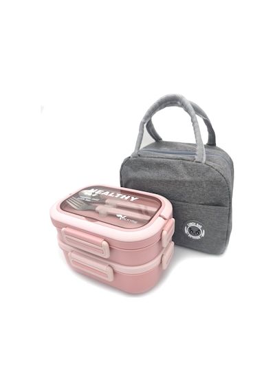 Valkyrie 304 Çelik Bölmeli Lunch Box Seti Termal Çantalı, Bölmeli, Çatal Kaşıklı, Sızdırmaz Yemek Kabı Pembe Pembe