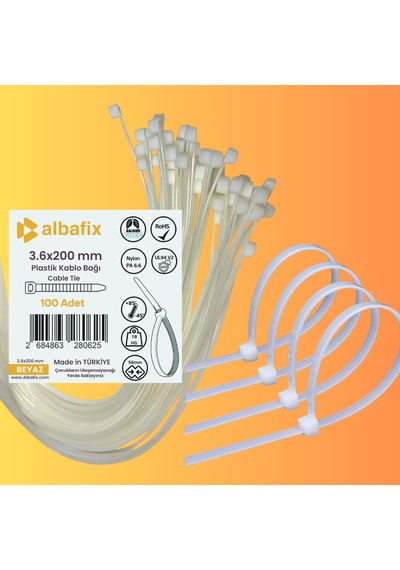 3.6x200 Mm Beyaz Plastik Kablo Bağı Klipsi Cırt Kelepçe 100 Lü Paket 3.6 X 200mm- Beyaz