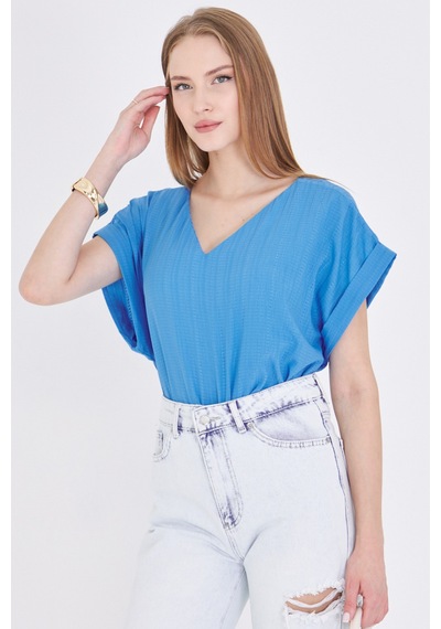 Armonika Kadın Mavi V Yaka Yanları Yırtmaçlı Arkası Uzun Duble Kol Detaylı Oversize Bluz Arm-24y001074