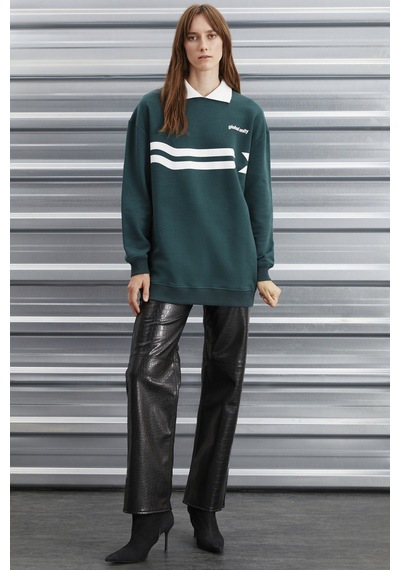 ETHIQUET AR ENE Kadın Içi Polarsız Polo Yaka Parça Baskı Detaylı Yeşil Sweatshirt