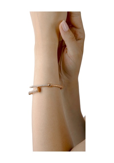 Pembe Altın Kaplama 925 Ayar Gümüş Çivi Motifli Taşlı Kelepçe Bilezik Rose Gold