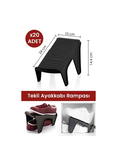 20 Adet Tekli Ayakkabı Rampası, Dolap İçi Düzenleyici, 2 Kat Yer Açan Ayakkabılık Organizer Siyah