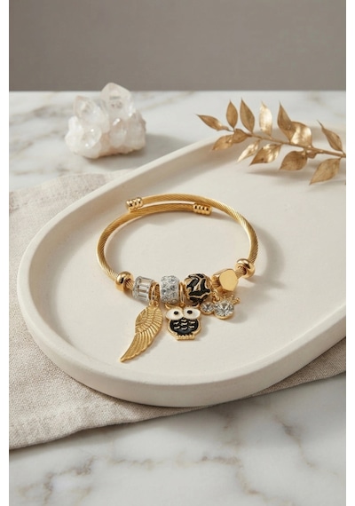 Siyah Baykuş Model Gold Renk Charmlı Bileklik 6446404