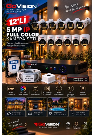 Go Vision 12'li Güvenlik Dome Bullet Ip Kamera Seti - 3.6mm Lens, H.265, Poe, Warm Led Gece Görüşlü