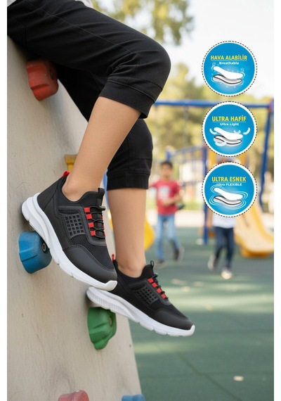 Walkway Siyah Beyaz Fileli Hafif Esnek Unisex Çocuk Spor Ayakkabı 9060 Motano F Siyah-beyaz-kırmızı