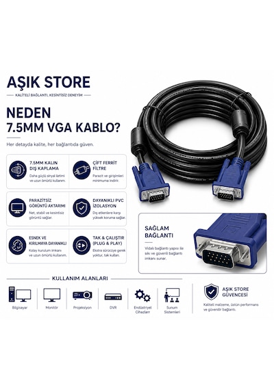 Vga Kablo 5 Metre 7.5mm Kalın Çift Ferrit Filtreli Monitör Projeksiyon Bilgisayar Vga Erkek Erkek Kablo