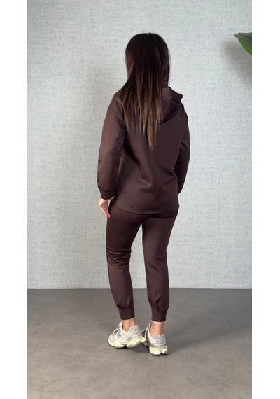 Defymoda Kadın Uzun Kollu Kapüşonlu Ikili Takım Kahverengi