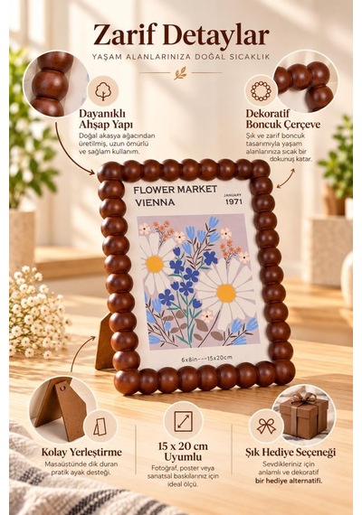 Atbyhome Akasya Ahşap Boncuk Çerçeve 15x20 Cm - Top Boncuklu Masa Üstü Fotoğraf Çerçevesi Ve Sanat Tablosu