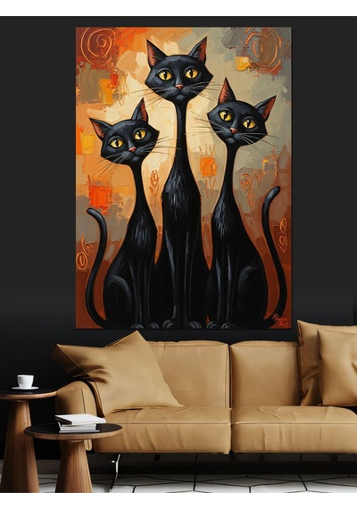 Üç Kara Kedi Ve Gece Dekoratif Kanvas - Mdf Ahşap Tablo
