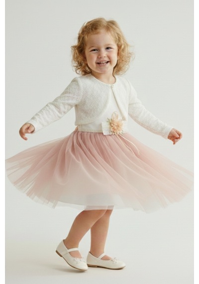 Mnk Baby & Kids Triko Bolerolu Bel Çiçekli Kız Bebek Elbise M00773 Koyu Pembe