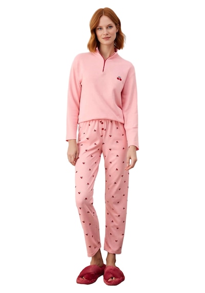 Ersefa Kadın Kiraz Desenli Fermuarlı Waffle Pijama Takımı Fonksiyonel Da Pembe