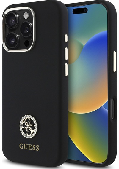 Apple iPhone 16 Pro Max Kılıf Guess Lisanslı Yazı Ve Taşlı 4g Logo Metal Kamera Çerçeveli Silikon Siyah