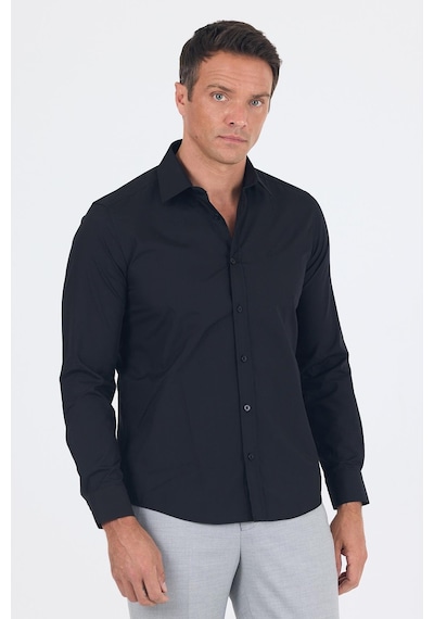 İmza Siyah Uzun Kol Düz Bez Ayağı Sert Yaka Cepsiz Pamuklu Basic Slim Fit Gömlek 1004250057 001 Siyah