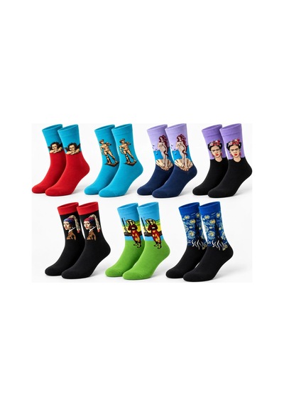 COJans Unisex Çorap Sanat Temalı Renkli 7'li Set Portre Tablo Desenli Uzun Soket Günlük Eğlenceli Çorap Şık Çok Renkli