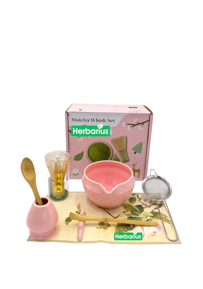 Herbarius 8 Parça Çiçek Desenli Parlak Pudra Pembe Renk Matcha Çayı Hazırlama Seti - Geleneksel Japon Matcha Seti