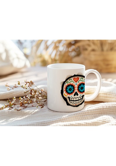 3d Görünümlü Etnik Kafatası Kupa Bardak Renkli Sugar Skull Day Of The Dead Tasarım - Kabartmasız Beyaz