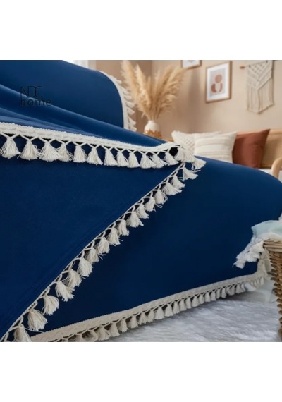 Premium Keten Lacivert Ponponlu Koltuk Örtüsü 170 X 220