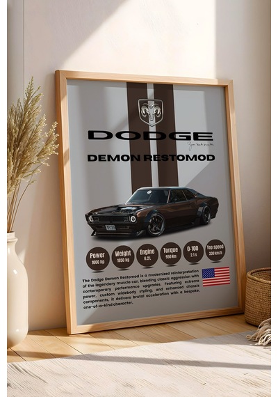 Dodge Demon Restomod Araba Tablosu - Teknik Özellikli Otomobil Poster - Çerçeveli Duvar Dekoru Kayın