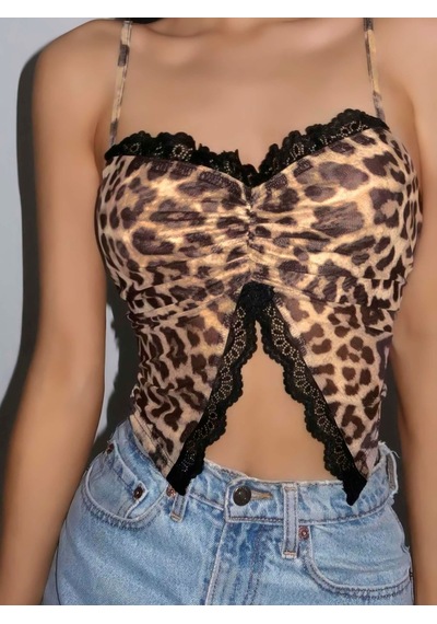 Bezos Kadın Leopar Desenli Crop Önden Dantel Detaylı 5095 Siyah