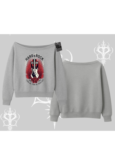 Startmore Kayık Yaka Sweatshirt Hard Rock Winged Guitar Rebellion Gri