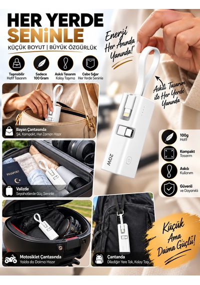 5000mah 20w Pd Hızlı Şarj Powerbank Dahili Lightning Kablolu Type-c Çıkışlı Taşınabilir BEYAZ