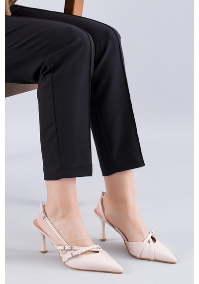 Stilbagshoes Linda Çift Bant Toka Detaylı Kadın Topuklu Ayakkabı Bej-bej Bej