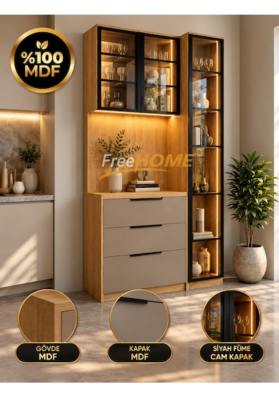 Freehome Doğa Kahve Köşesi Led'li Cam Kapaklı Mdf 120x210x40 Kum Beji Freehome Doğa Kahve Köşesi Led'li Cam Kapaklı Mdf 120x210x40 Kum Beji