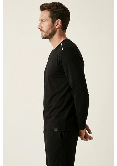 Elemge %100 Pamuk Süprem Uzun Kollu Pijama Üstü Erkek T-shirt Compact Penye Rahat Kalıp Tok Kumaş Siyah