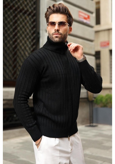 Madmext Siyah Çift Fermuarlı Slim Fit Çizgili Erkek Triko Hırka E7522