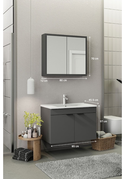 Biani Fix Loft 85 Cm Banyo Dolabı,Seramik Lavabolu, Aynalı,Lavabo Dahil,Mdf,Mat Gri Biani Fix Loft 85 Cm Banyo Dolabı,Seramik Lavabolu, Aynalı,Lavabo Dahil,Mdf,Mat Gri