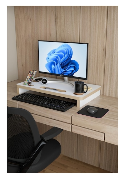 Ergonomik Mdf Monitör Standı Ekran Yükseltici Masaüstü Düzenleyici Organizer Telefon-bardak Bölmeli