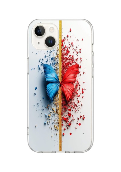 iPhone 13/14 Uyumlu Kırmızı Mavi Kelebek Baskılı Silikon Kılıf Renkli