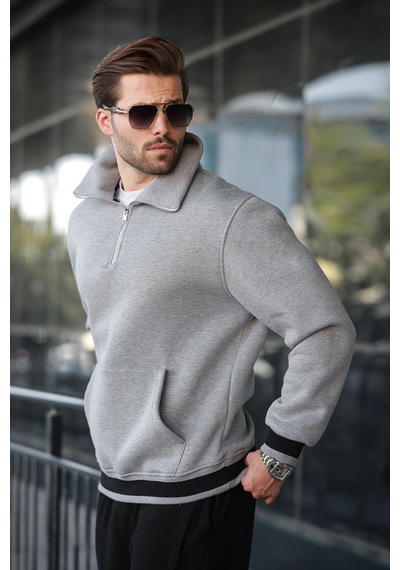 Madmext Grimelanj Fermuarlı Dik Yaka Kanguru Cep Erkek Sweatshirt E7159 Grimelanj