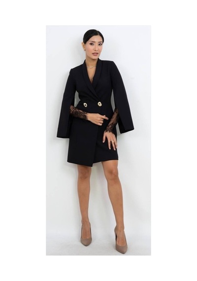 Dorne Moda Blazer Tarzı Dantel Detaylı Mini Elbise Siyah Siyah