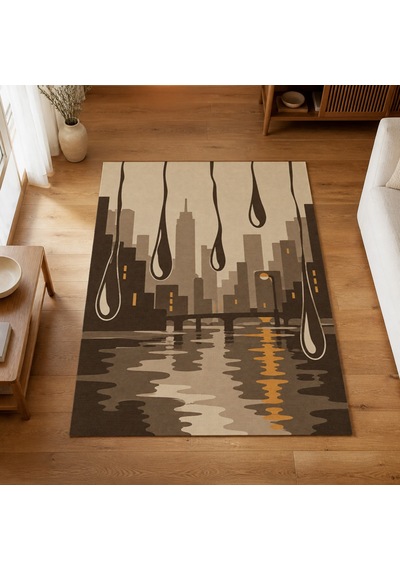 Kartela Halı Yağmur Şehir Silüetli Modern Halı Bej Kaymaz Taban Makinede Yıkanabilir 100x150 Cm