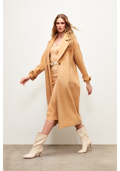 Sateen Kol Kemer Detaylı Salaş Kaban - Camel-133685 Camel