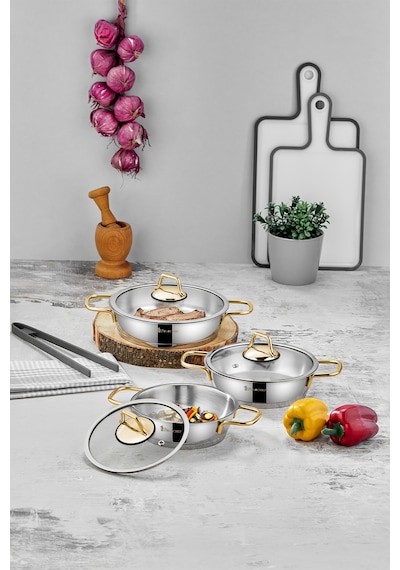 Polochef Paslanmaz Çelik Sahan Seti Gold Saplı 6 Parça Gümüş
