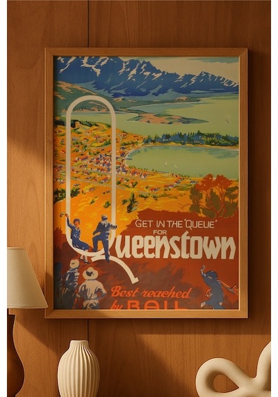 Queenstown Doğal Ahşap Çerçeveli Poster, Dekoratif Seyahat Duvar Tablosu