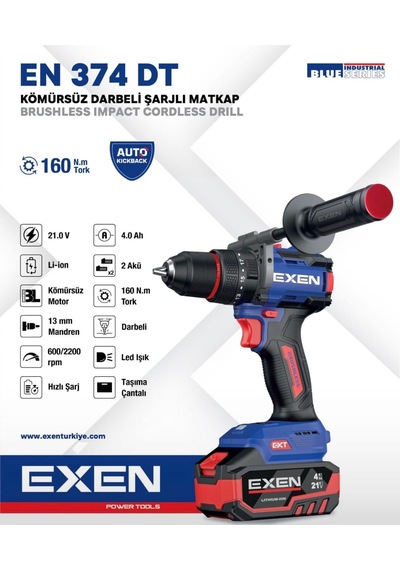 Exen EN 374 DT - 21V 4Ah 160n.m Kömürsüz Darbeli Şarjlı Matkap - Çift Akü 2x4 Ah