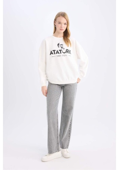 DeFacto Oversize Geniş Kalıp Bisiklet Yaka Atatürk Baskılı Sweatshirt E5447AX24WNWT32