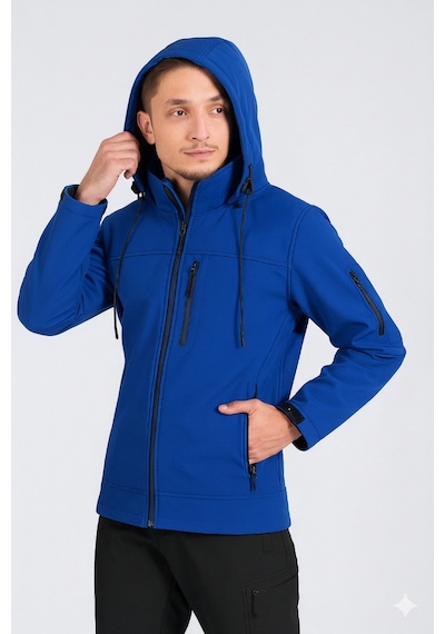 Vatan Tekstil Suya Dayanıklı Slim Fit Softshell Kapüşonlu Erkek Mont Saks Mavisi